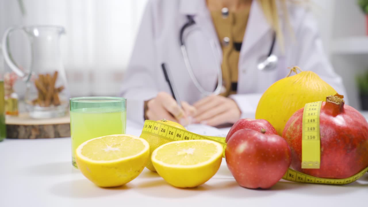 mujer dietista trabajando en una mesa llena de fruta.