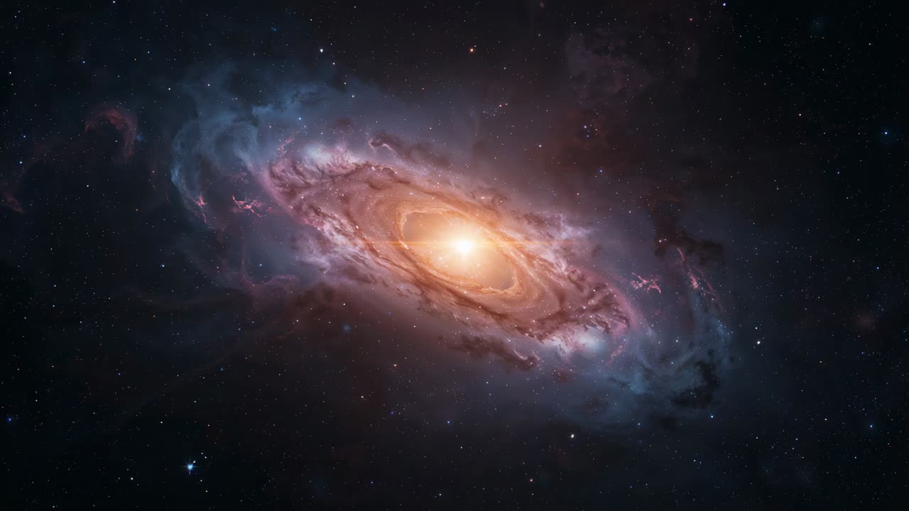 Rotating spiral galaxy revealing filament dust lanes with frames advancing in space, bright core