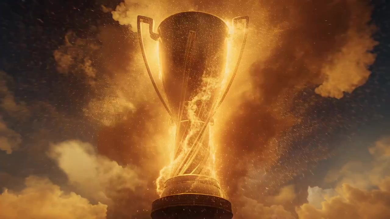 Trofeo d'oro in ascesa che reagisce a una colonna di luce, emergendo da nuvole alte con braci per la cerimonia