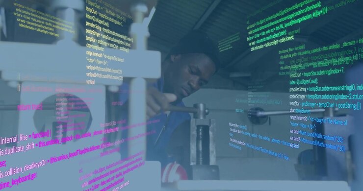 When code layers appearing, tech aligning metal under press, pulling lever, inspecting stamped part