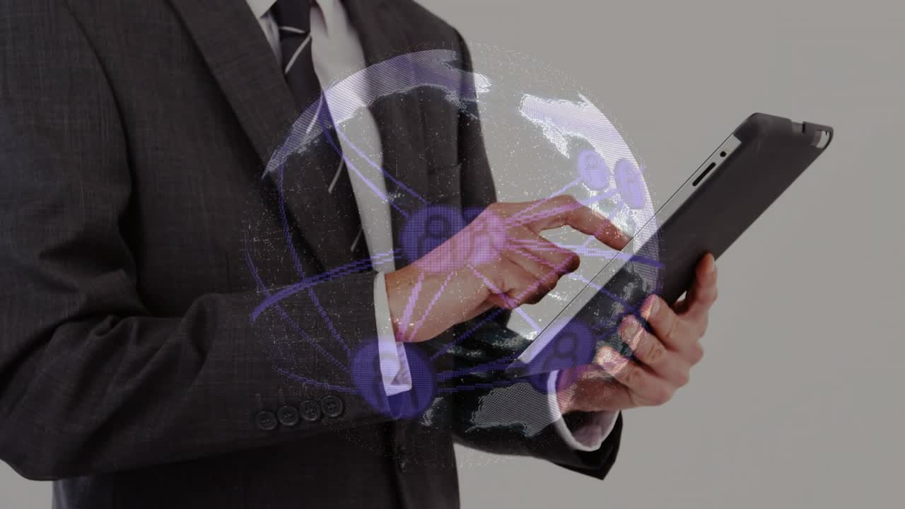 Adult man with tablet, finger touching screen starting 3D globe, rotating nodes securing network