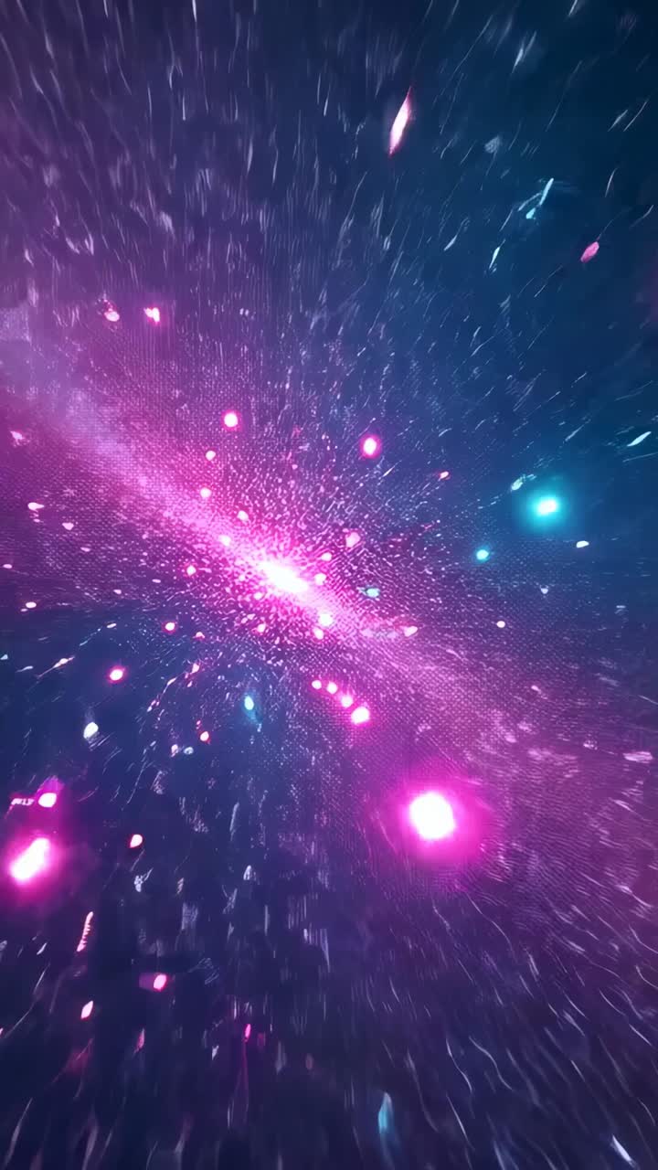 Vertical video: Bursting glow scattering neon dust streaming via cosmos, with pink orbs teal streak