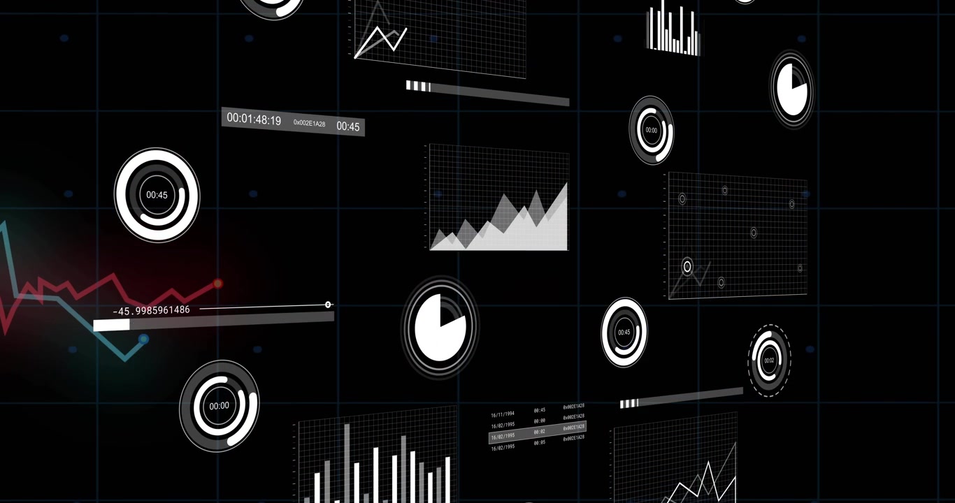 Abstrakt digital visning av forretningsdata, diagrammer og HUD-elementer.