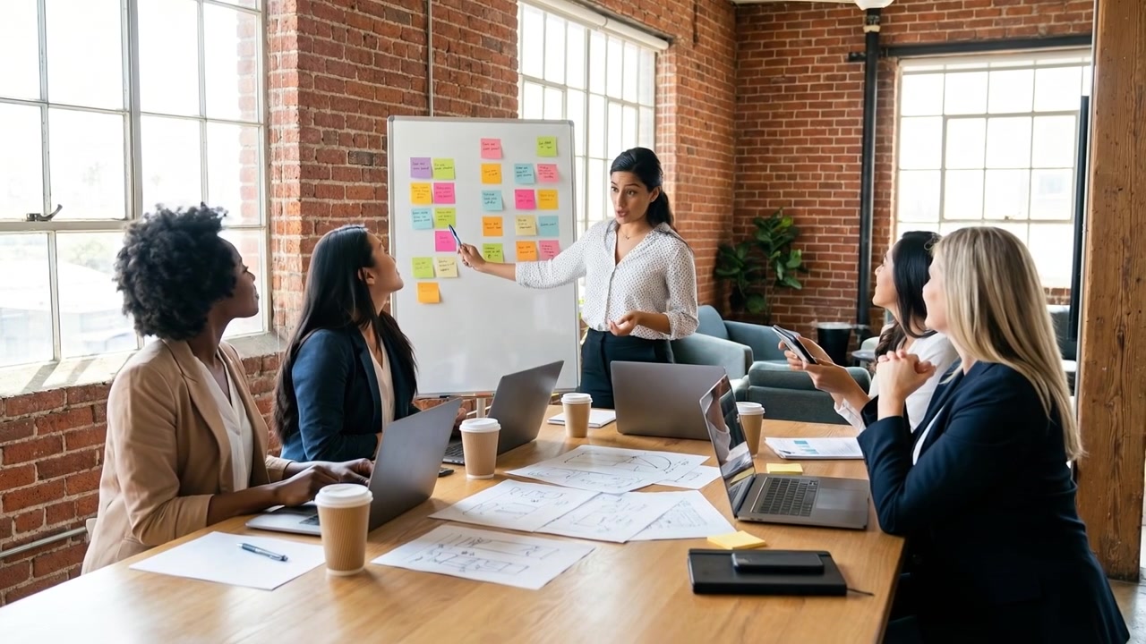 Businesswoman giving a presentation to colleagues during a meeting in a modern office boardroom