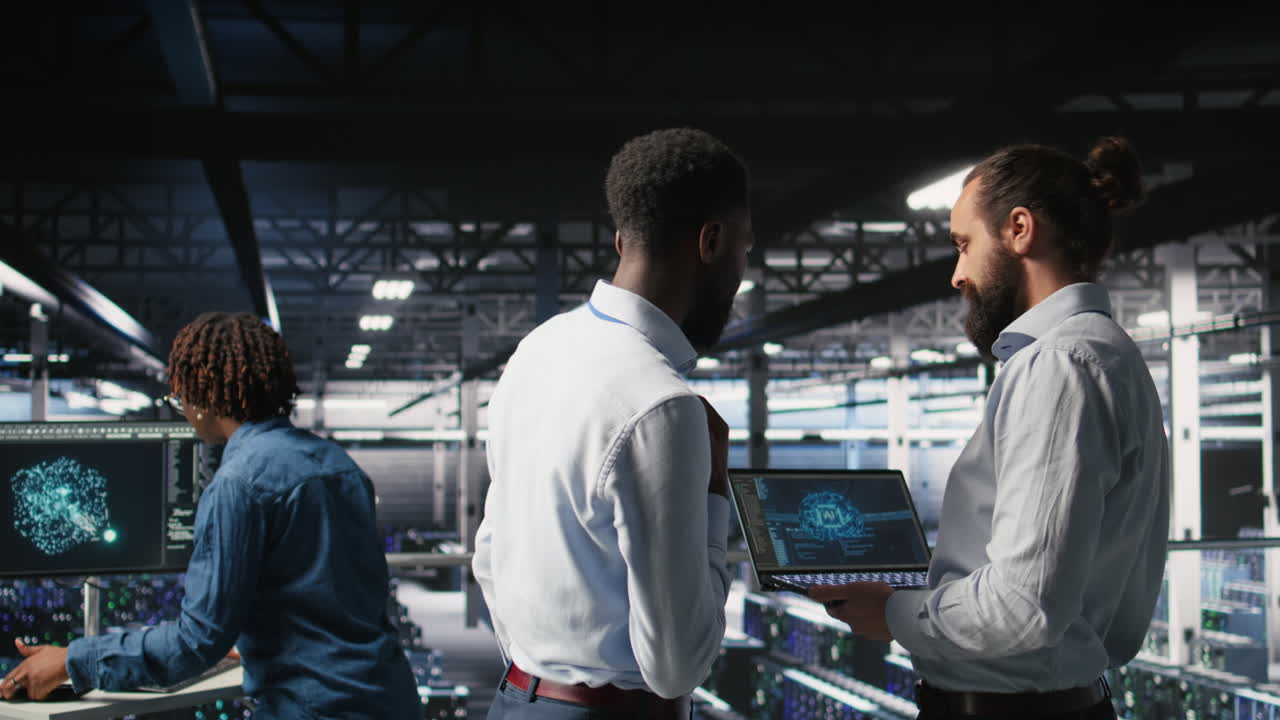 Server farm coworkers doing infrastructure AI machine learning automatization