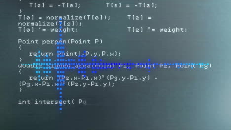 computer code and data processing animation over blue digital lines