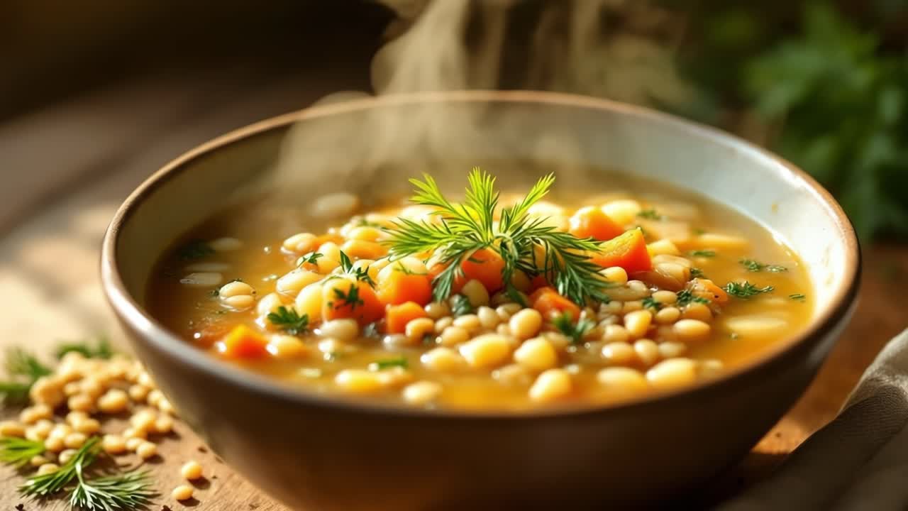 Steaming bean soup overflowing with colorful carrots, tender potatoes, fresh herbs in rich broth, nourishing winter comfort