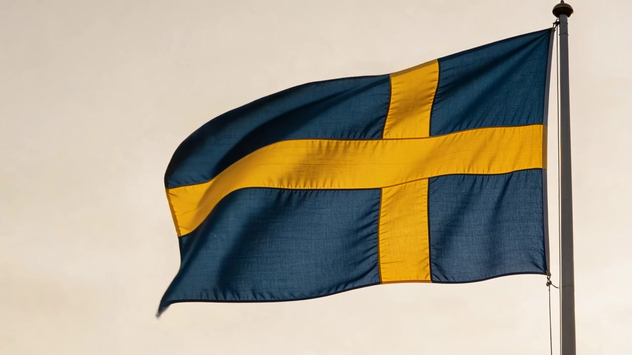 Tuulenpuuskat nostavat Ruotsin lipun, kangas aaltoilee vaalean lämpimän taivaan poikki, näyttäen köyden ja purjerenkaat tangossa.