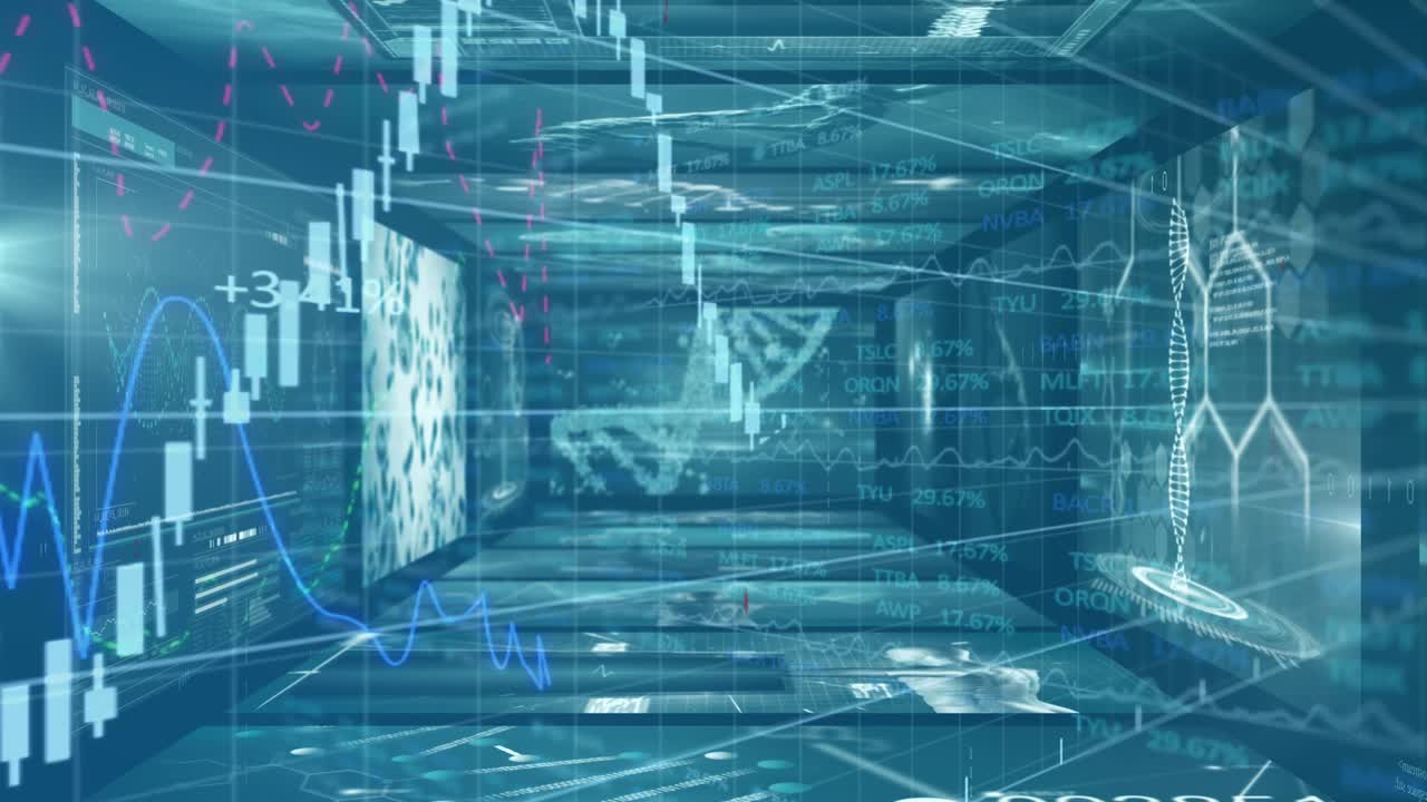 Animation of data processing and icons over cityscape