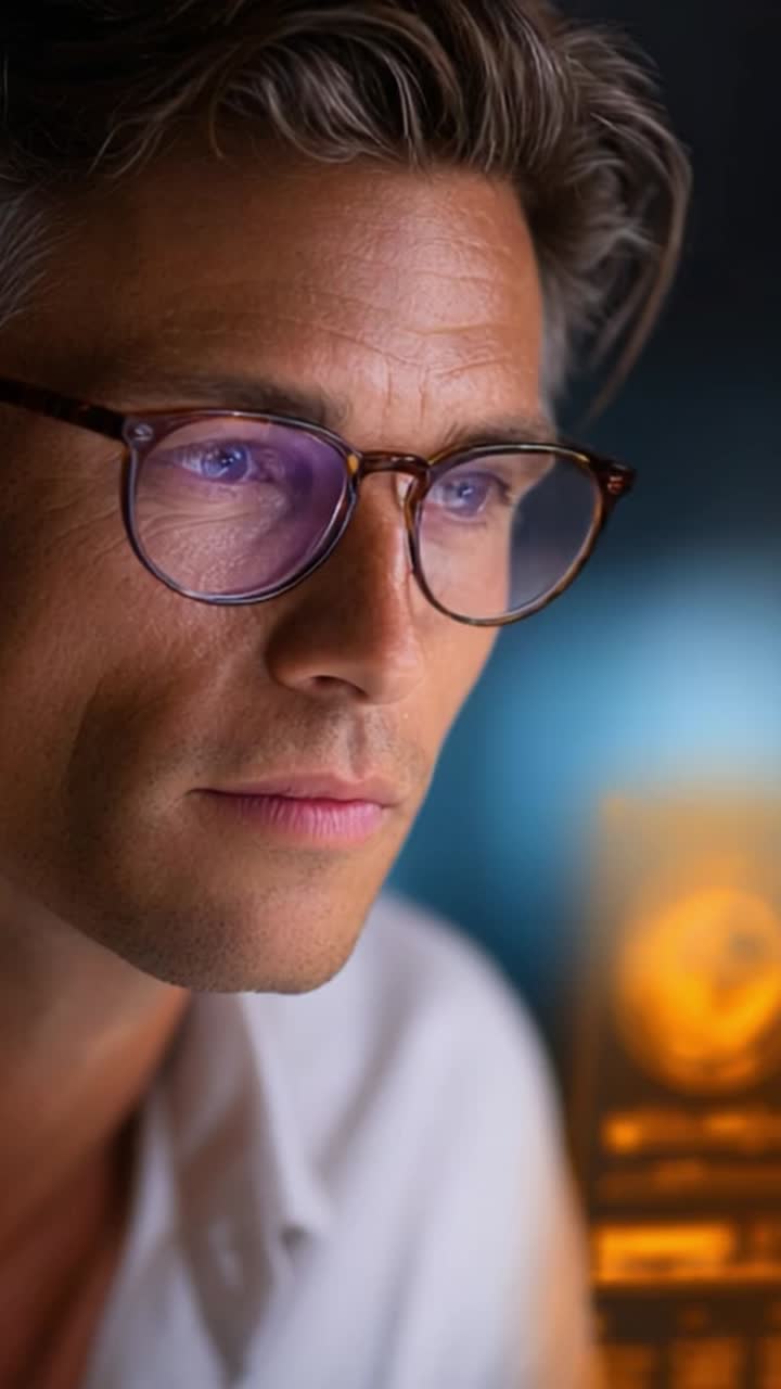 Focused Individual in Glasses Analyzing Data on Computer Screen with Soft Lighting and Vivid Colors, Capturing Intense Concentration and Thoughtfulness