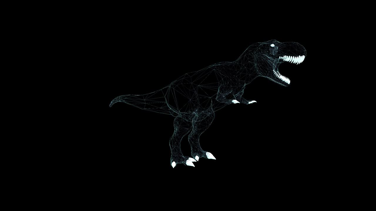 t-rex 공 홀로그램 와이어 프레임: 미래 프로젝트를위한 완벽한 루프와 함께 검은 바탕에 좋은 3d 애니메이션