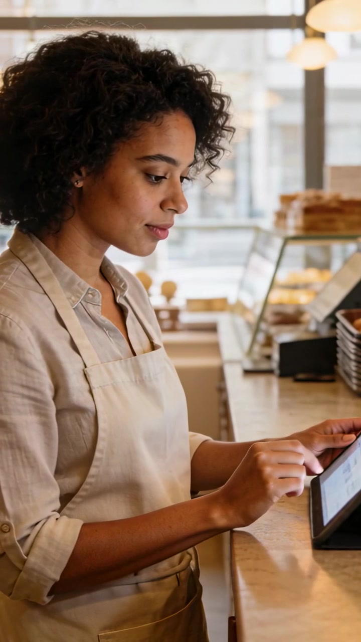 Vertical video: Placing hand, barista in apron tapping tablet and finalizing order at cafe display