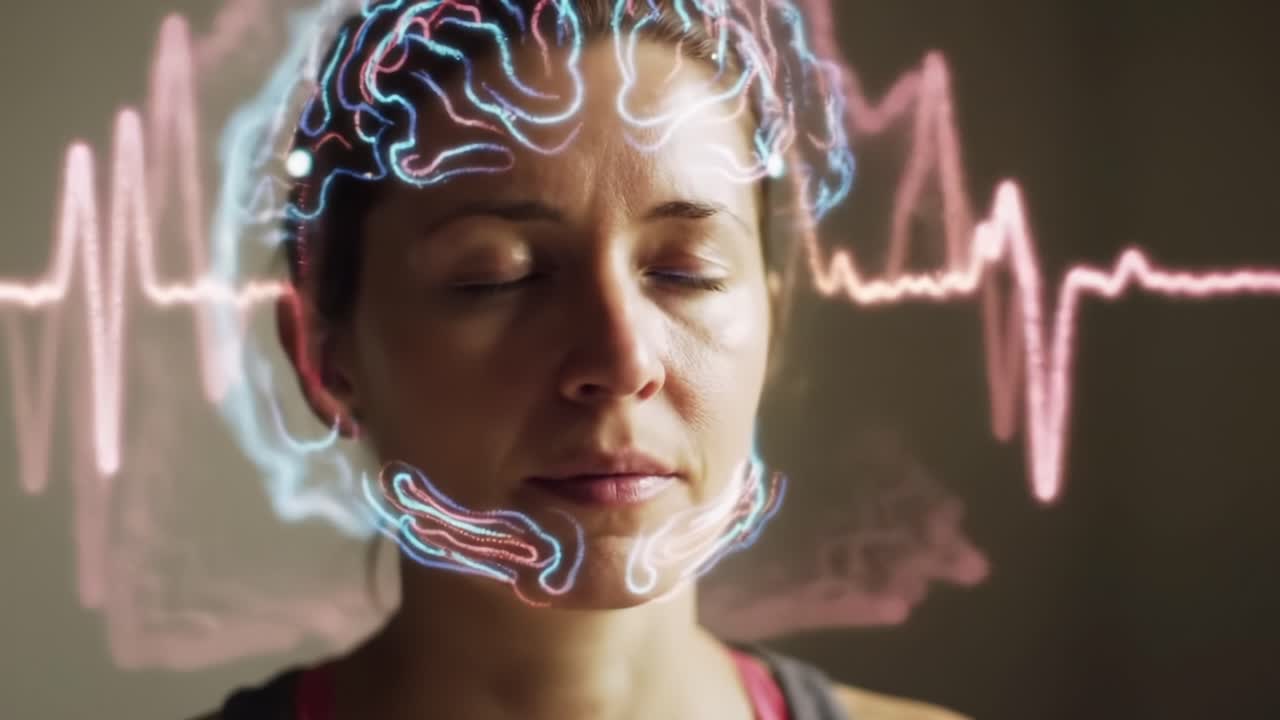 A Woman in a Meditative State with Visualized Brain Activity and Heartbeat Signals, Representing Emotional and Mental Wellness