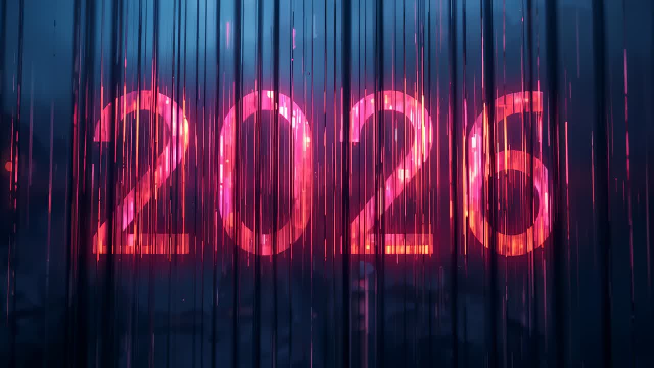 Sequenza iniziale di fotogrammi che mostra i numeri luminosi 2026 che pulsa dietro le strisce sul palco, bagliori al neon