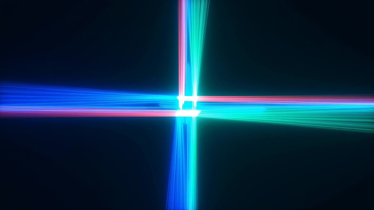 Parallel colored beams advance toward center from horizontal and vertical directions, overlap at the intersection, and intensify into a luminous geometric cross against deep dark background.