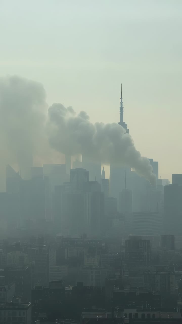 Vertical video: Rising smoke plume expanding from midrise cluster over skyline, veiling tower