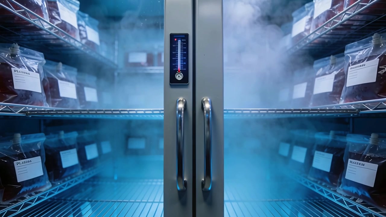 Armadio in acciaio a doppia anta che emette vapore blu, reagendo a un calo di temperatura in laboratorio, con manometro