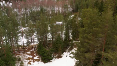 Toma-De-Un-Dron-De-Otro-Dron-Que-Volaba-Sobre-Un-Enorme-Bosque-Nevado-En-Una-Zona-Rural-Haciendo-Una-Inspección-De-La-Naturaleza