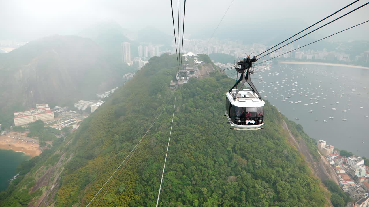 Sugarloaf Mountain cable car approaching lower platform with great view of the city