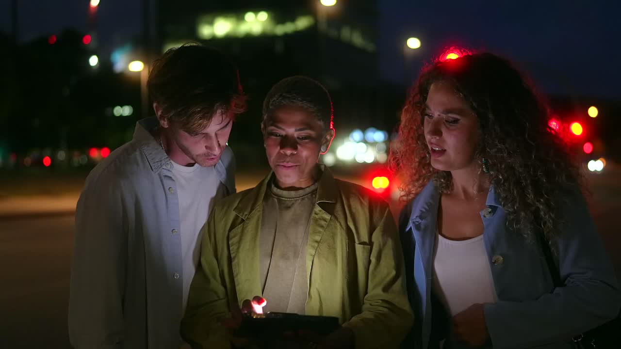 Group of People Looking at a Tablet at Night in the City