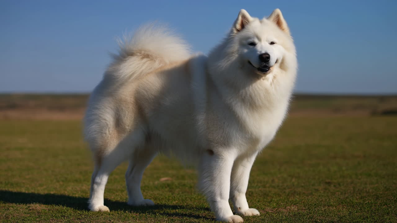 Çimlerin üzerinde Samoyed cinsi köpek