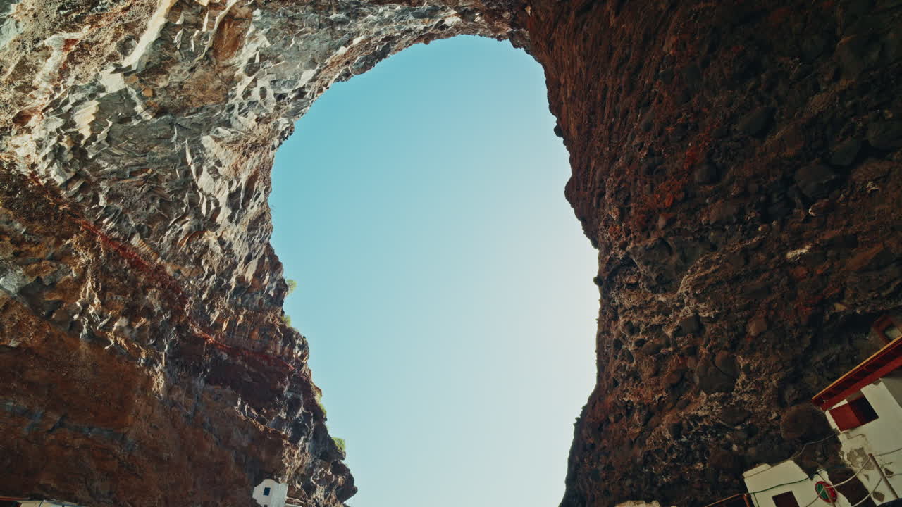Panoramic view inside the Porís de Candelaria in Palma Island, Canary Islands, Spain. Fishing village inside a rugged coastline cave. Hidden Gem.
