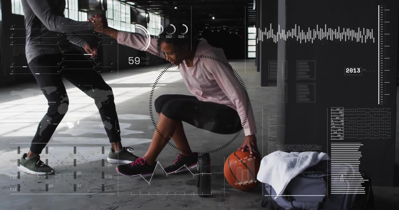 Trainer reaching, woman taking hand rising up in fitness gym, HUD metrics while grabbing basketball