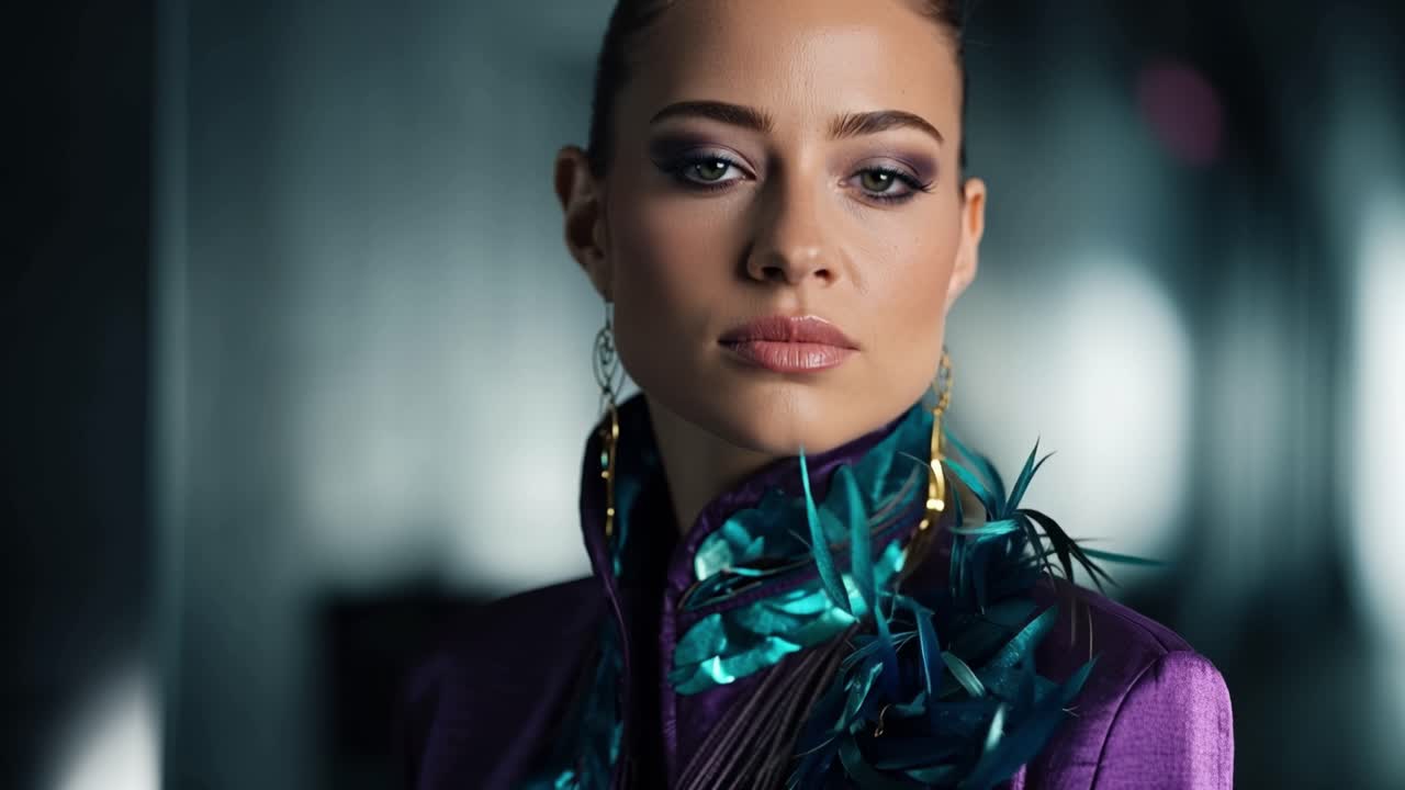 Elegant woman gazes intently at camera. Teal feather boa adds bold, dramatic flair. Purple garment enhances her poised, confident expression. Soft lighting highlights her refined features