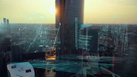 Animation-Der-Informations--Und-Datenverarbeitung-Auf-Digitaler-Schnittstelle-über-Der-Stadt-Bei-Sonnenuntergang