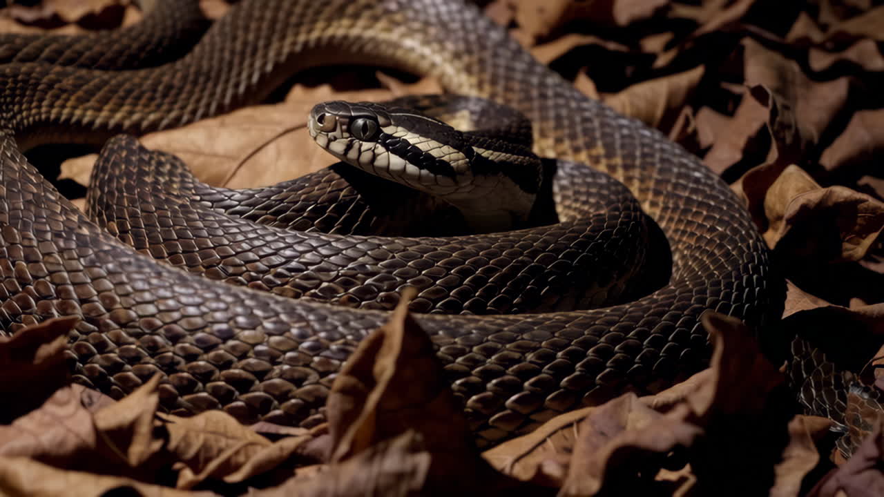 Coiled Snake Resting on Dry Leaves