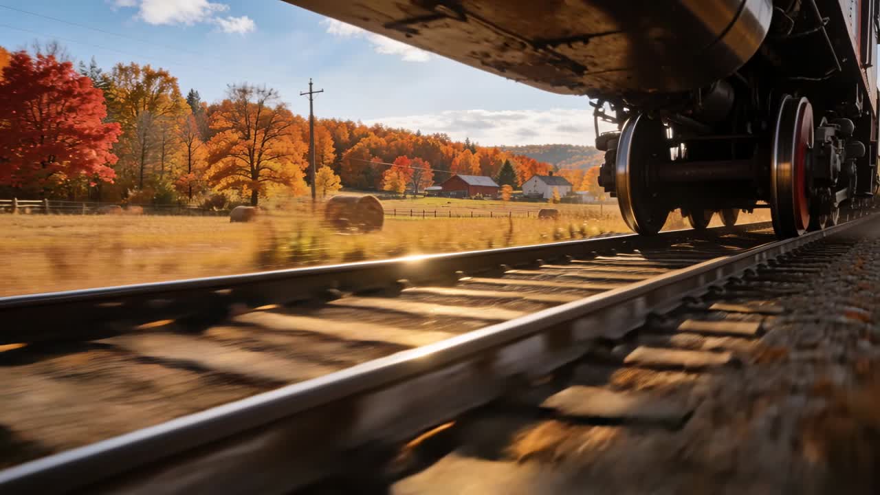 Train moving, camera running alongside, capturing wheelset details and golden fields for rail film