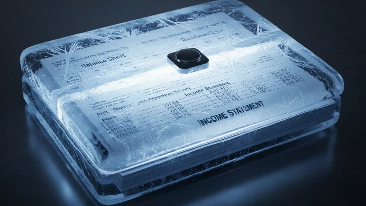 A Unique Frozen Income Statement: A Creative Depiction of Financial Documents Encased in Ice, Highlighting the Balance Sheet and Dramatic Presentation Techniques