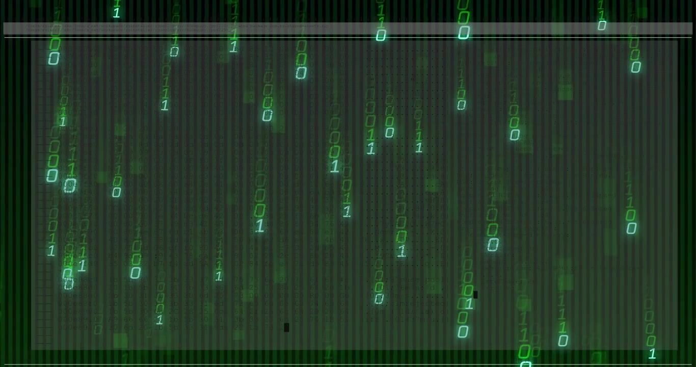 Opening dark striped console showing overlay and streaming neon-green code rain showing data flow