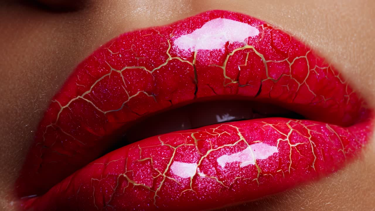 Close-up of Vibrant Red Lips with Glossy Cracked Texture Highlighting Unique Artistic Makeup Style and Attention to Detail in Beauty Photography