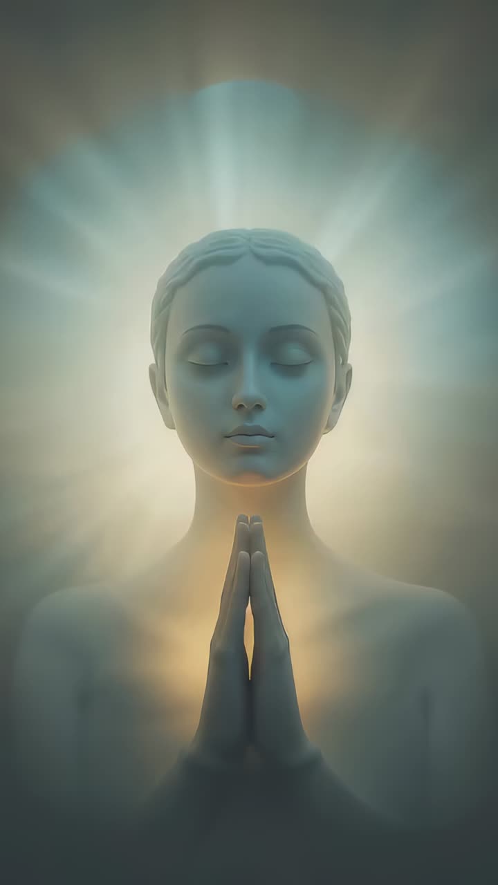 Vertical video: Pulsing backlight framing female bust in studio emphasizing pressed hands and halo