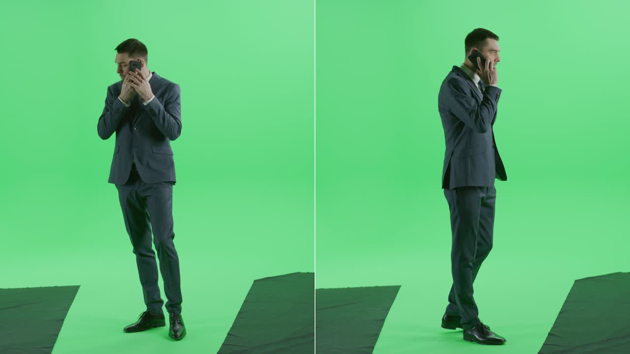 2인1 스플릿 그린 스크린 콜라지: 스마트폰을 사용하고 인터넷과 소셜 미디어를 탐색하는 슈트를 입은 사업가.