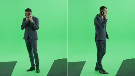 2-in-1 split green screen collage: businessman in a suit standing using smartphone, browsing through internet and social media. front, semi-side views, two split screen chroma key background montage