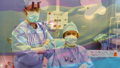 animation of flag of spain waving over surgeons in operating theatre