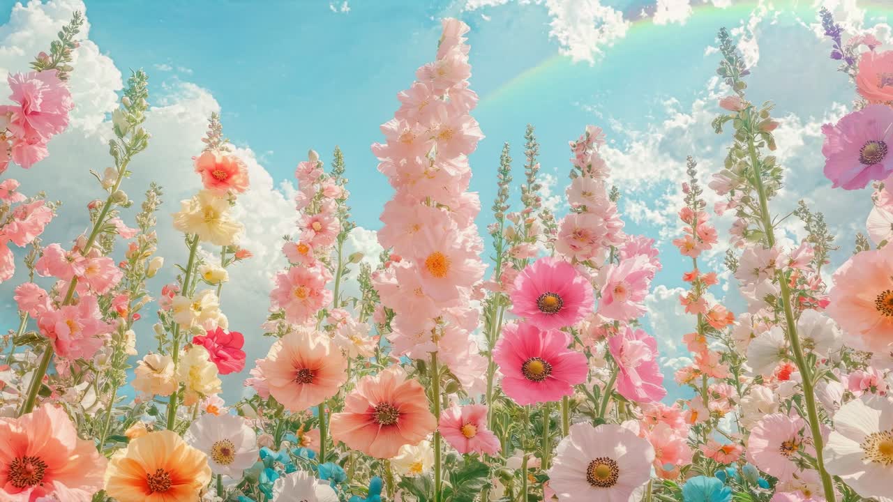 Vibrant flowers in full bloom against a bright sky, captured from a low angle