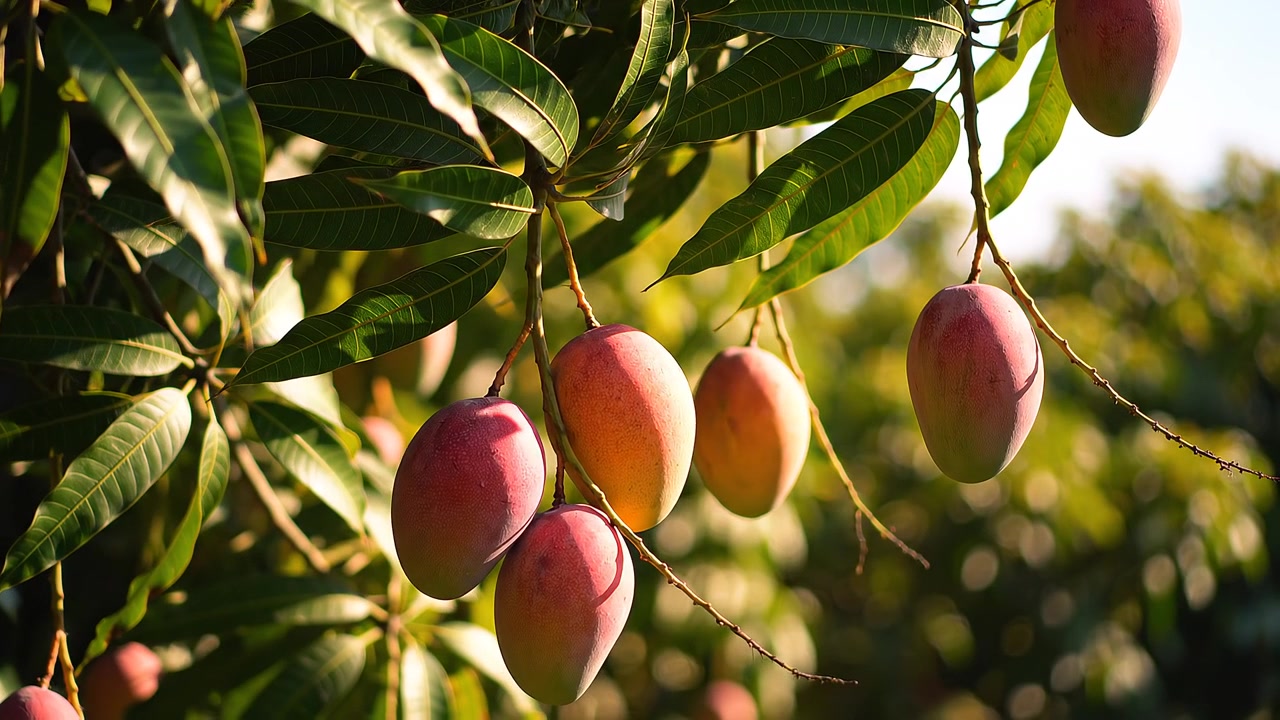 Manghi rossi maturi appesi a un ramo d'albero alla luce del sole.