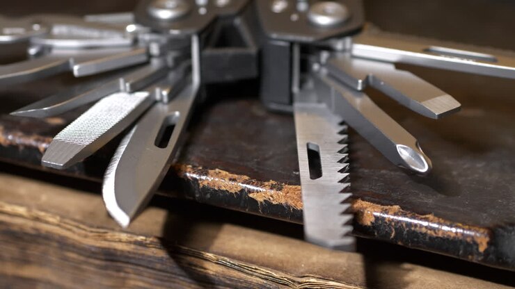 Generic multi purpose fuctional swiss army knife on old textured book