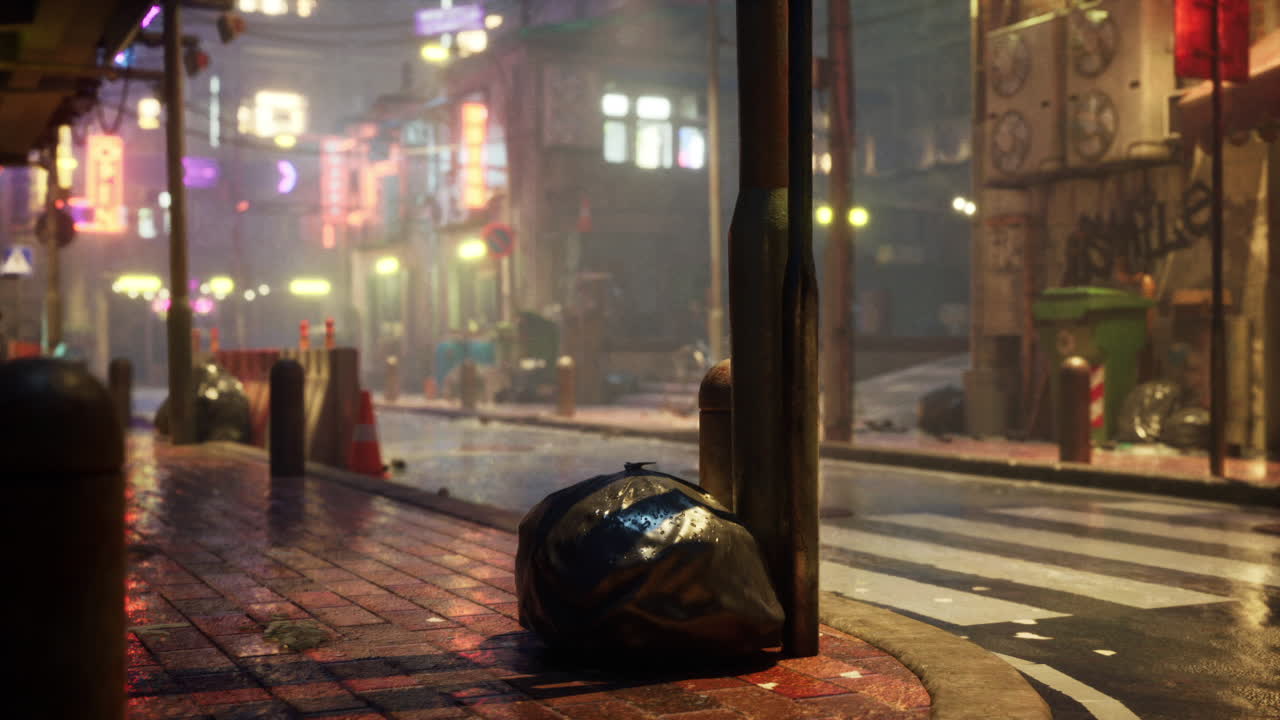 어진 잔해가 어져 있는 네온으로 조명된 도시 골목에서 조용한 비가 오는 밤