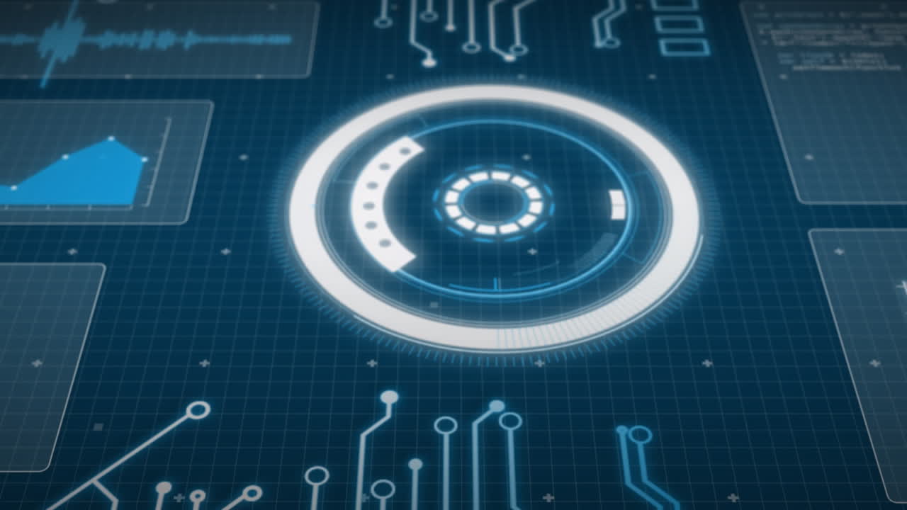 animación del reactor de arco, gráficos, placa de circuitos y lenguaje informático sobre fondo azul
