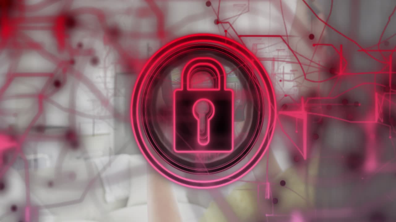 Mid adult Korean woman in home tapping smartphone activating padlock with pulsing network nodes