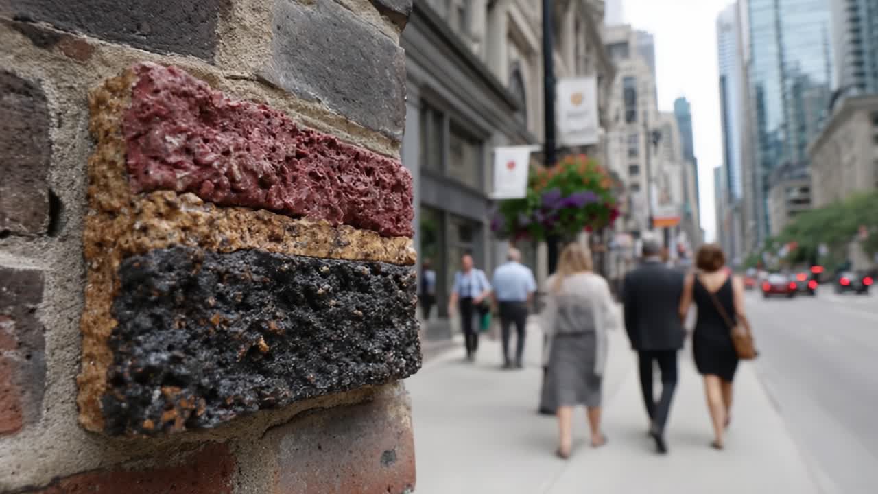 A Close-Up of a Unique Textured Wall Feature with Colorful Stripes Overlooking a Busy Urban Street Filled with People and Cars, Showcasing City Life and Architecture