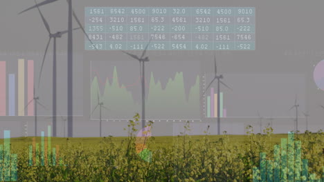 animation of financial data processing over wind turbines and landscape