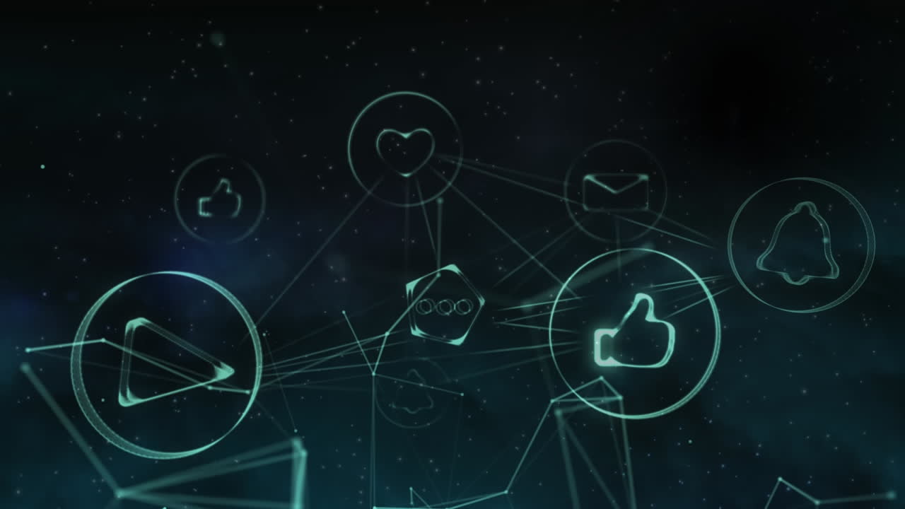 Network of digital icons against black background