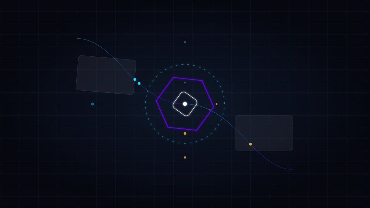 Abstract Digital Interface with Rotating Hexagon and Data Nodes