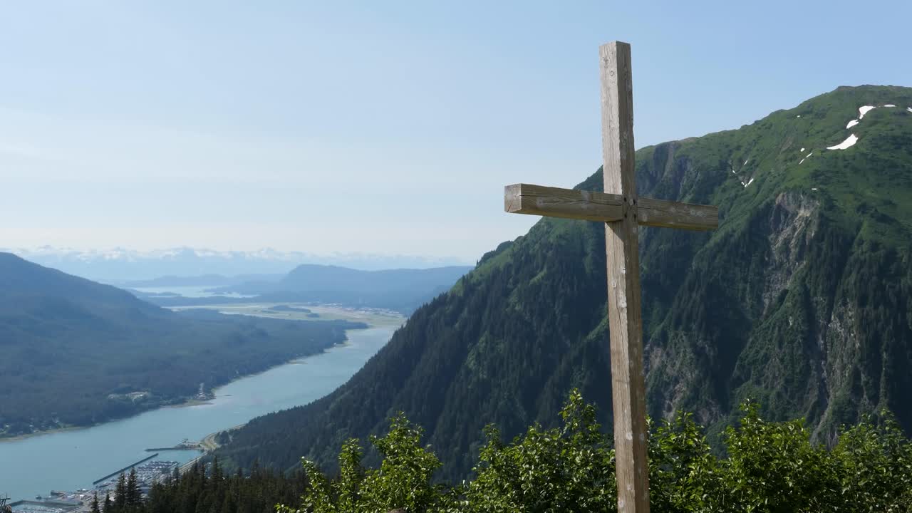 Juneau, Alaska.Mount Roberts Trail to Father Brown Cross.Beautiful view from Mount Roberts over the city of Juneau and Gastineau channel.