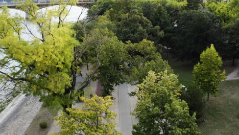 AERIAL---Flying-over-treetops-on-Margaret-Island,-Danube-River,-Budapest,-Hungary